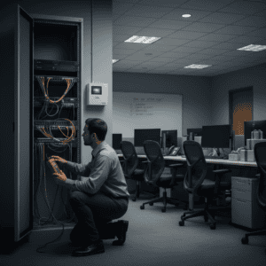 A modern, high-tech office security system setup featuring AI-powered surveillance cameras, multiple monitoring screens displaying abstract visuals, and access control systems with biometric scanners. The sleek environment highlights advanced security system upgrades and emergency response solutions, showcasing a futuristic and secure workspace.