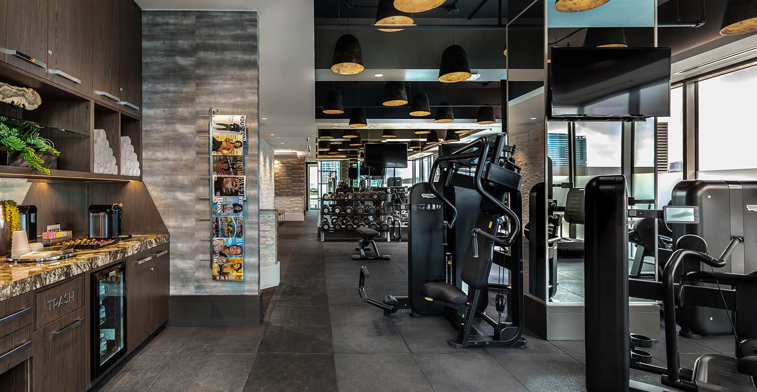 Hotel fitness center with a snack bar.