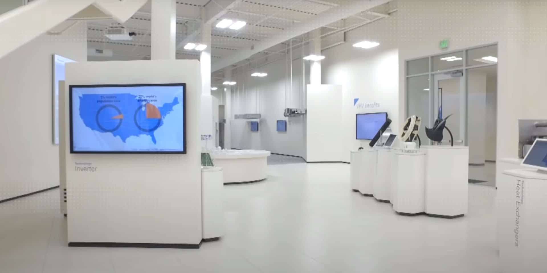 Customer experience showroom with several video displays