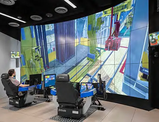 Large video wall being used in crane operator training simulation