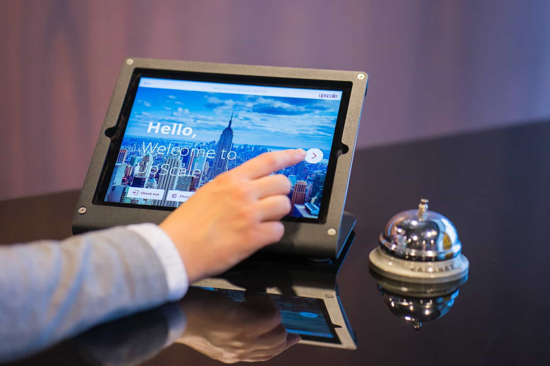 Touch screen used for hotel check-in.