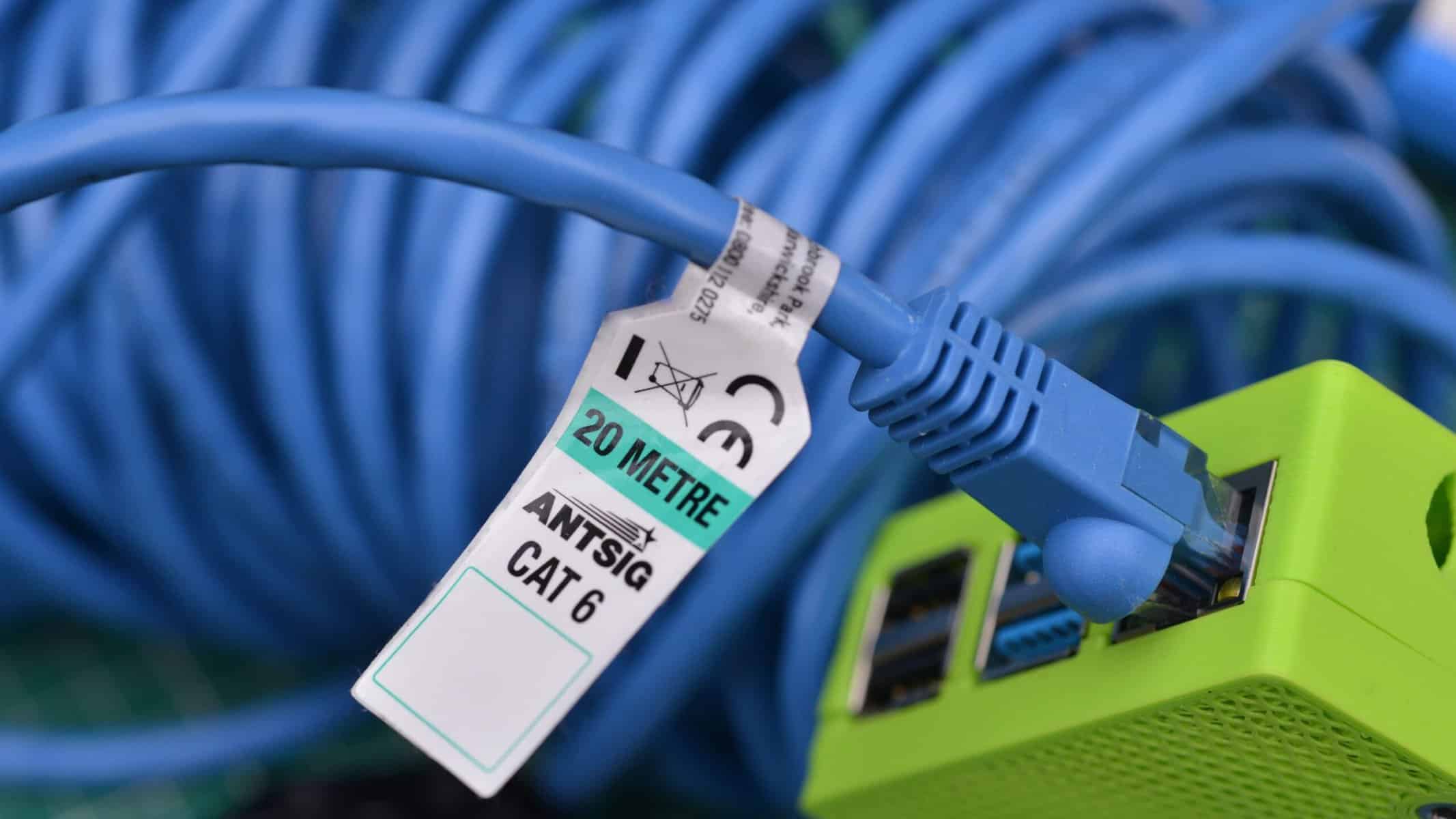 Label on ethernet cable indicating that it is a CAT 6 cable.