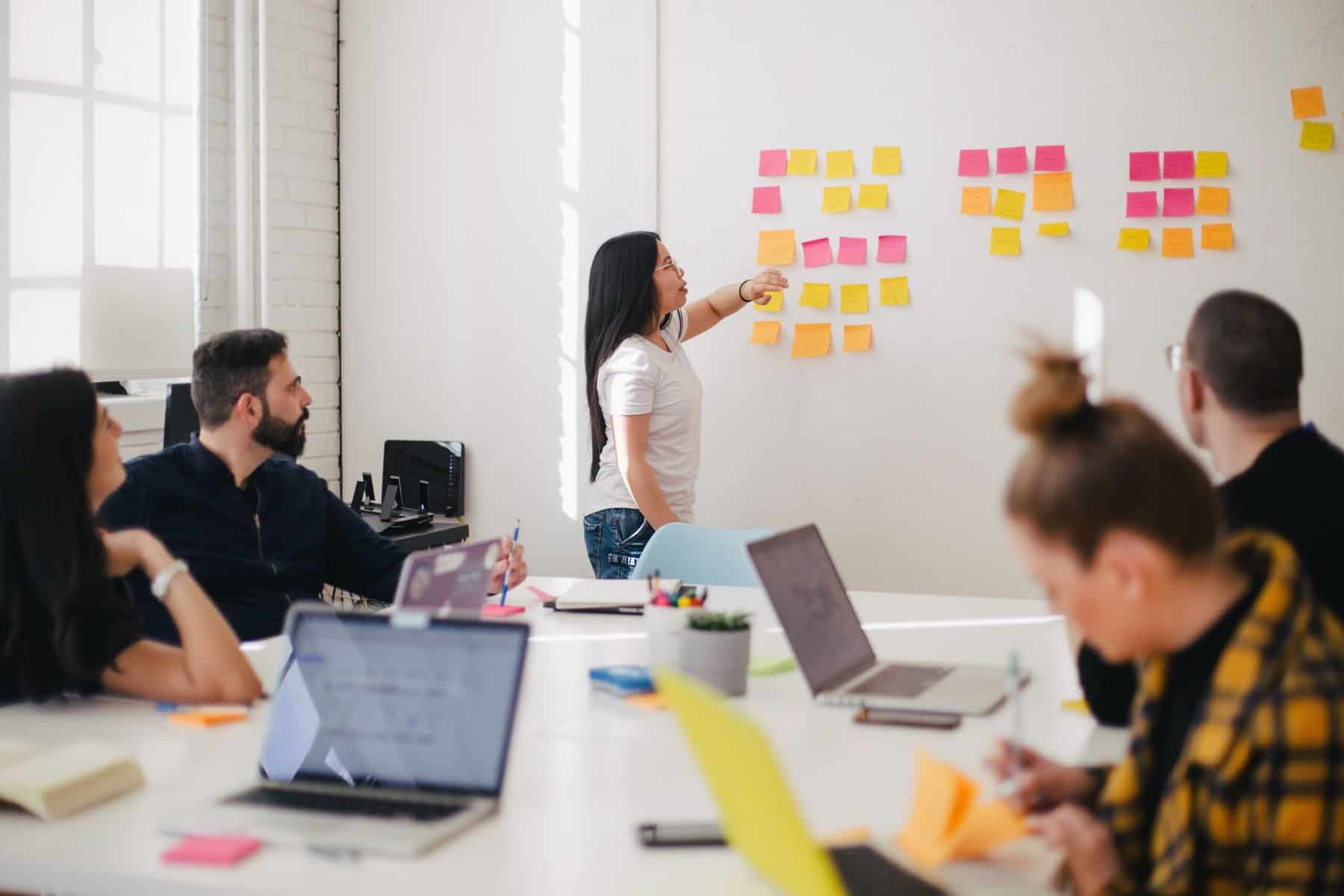 Employees meeting in an office huddle room