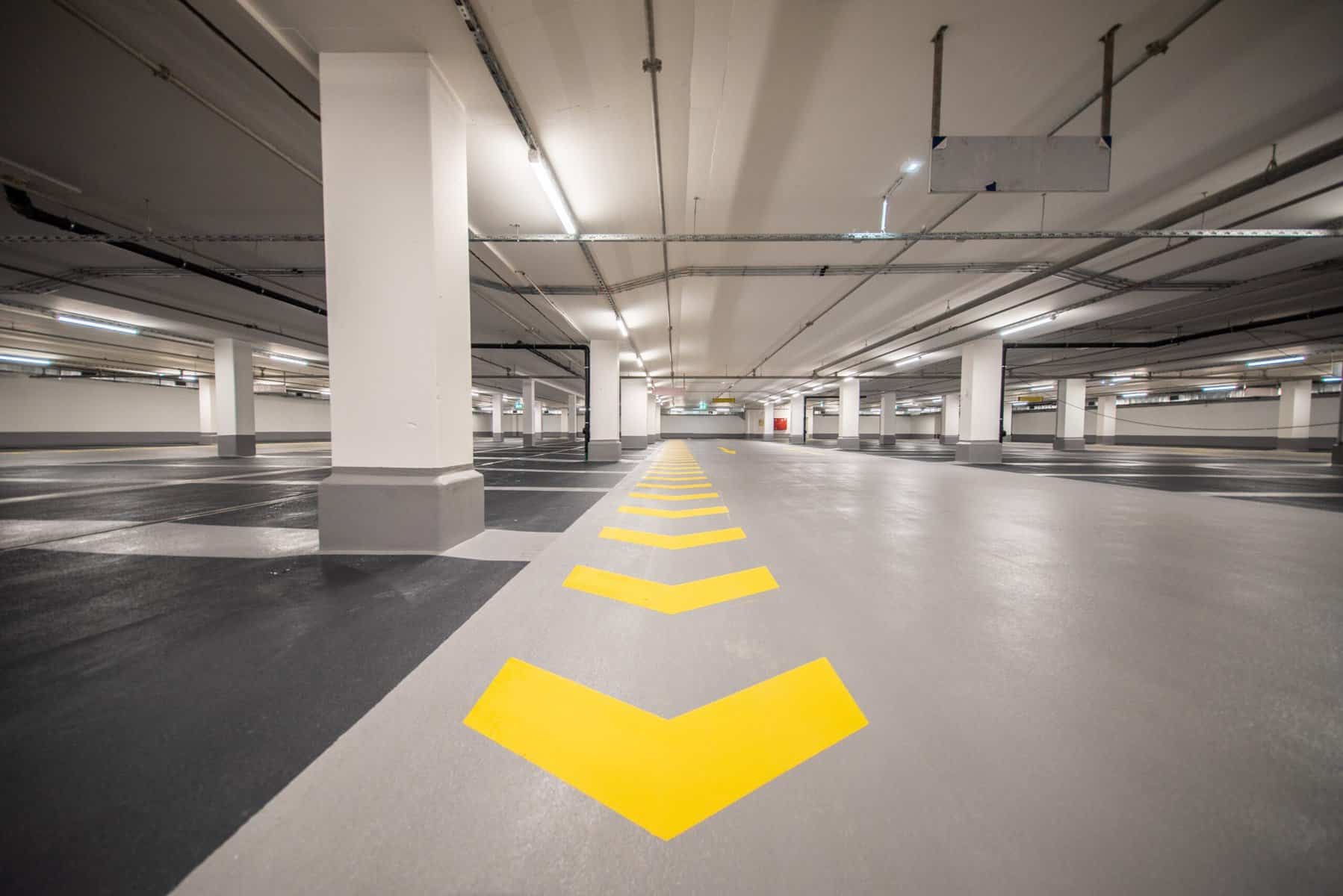 A parking garage with a security system.