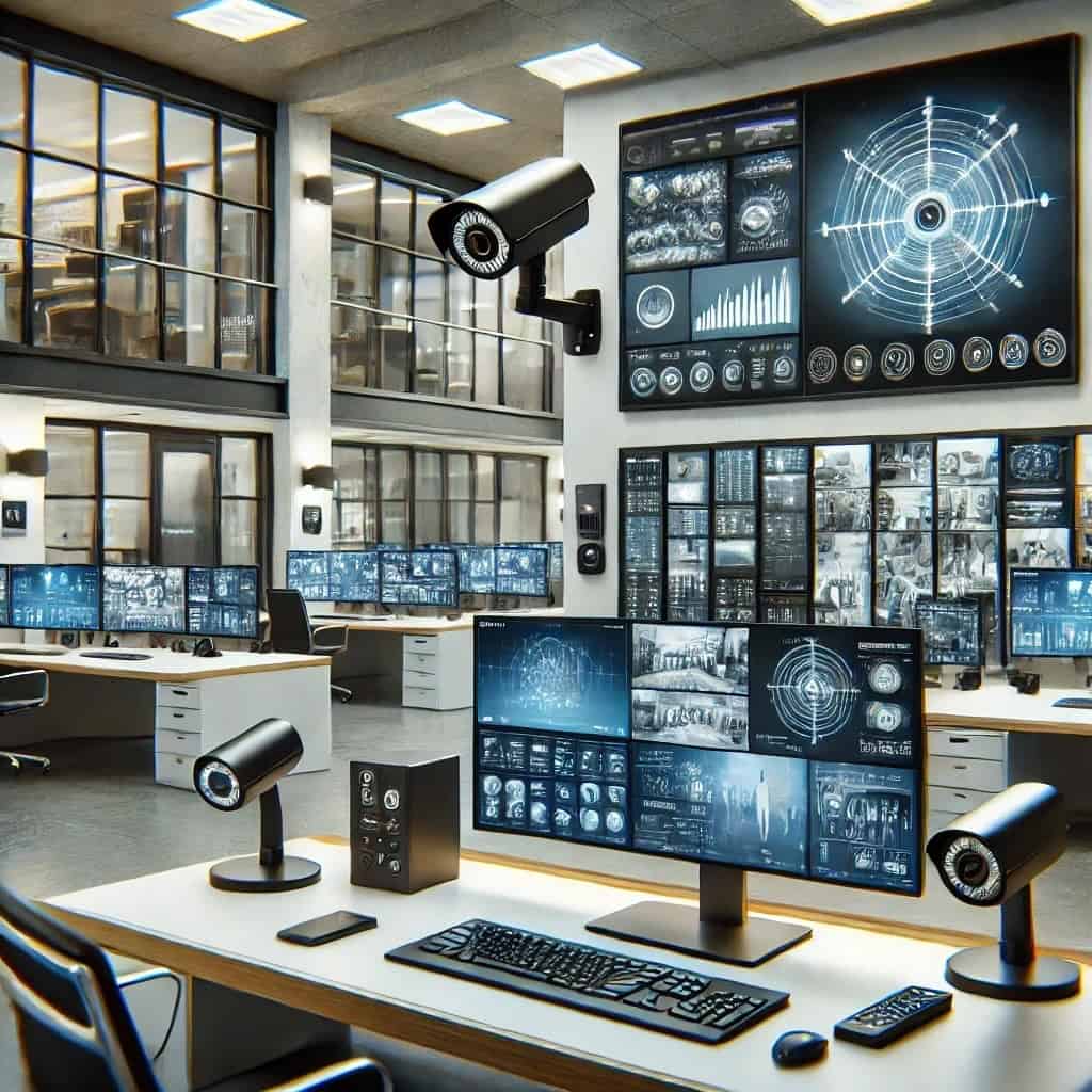 realistic image of a modern high tech office security system setup The image features AI powered surveillance cameras with LED indicators access What Are the Top Security Upgrades Your Business Needs Before 2025?