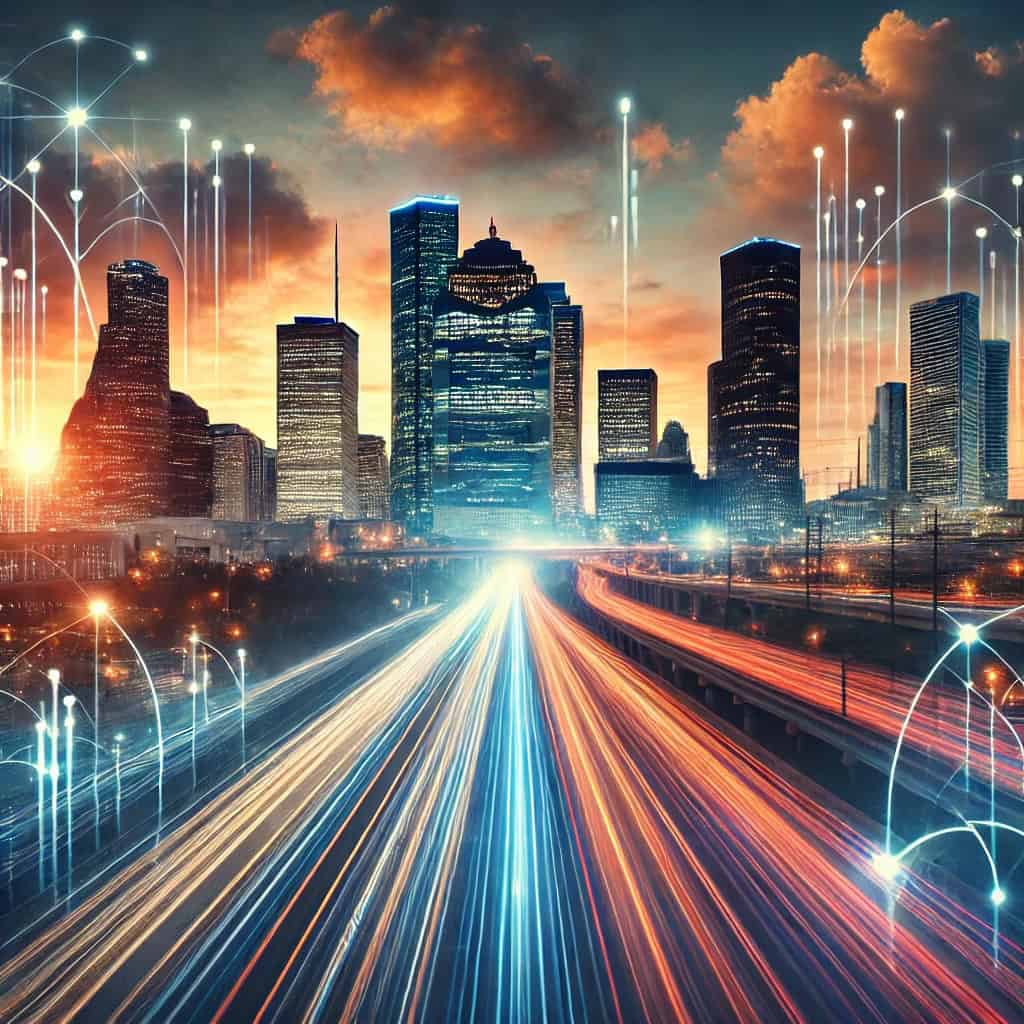 Illustration of Houston's skyline at sunset, showcasing modern skyscrapers and glowing digital elements symbolizing fiber-optic connectivity and technological growth. The image represents Houston's rapid industrial expansion and advancements in infrastructure, emphasizing innovation and high-speed networks.