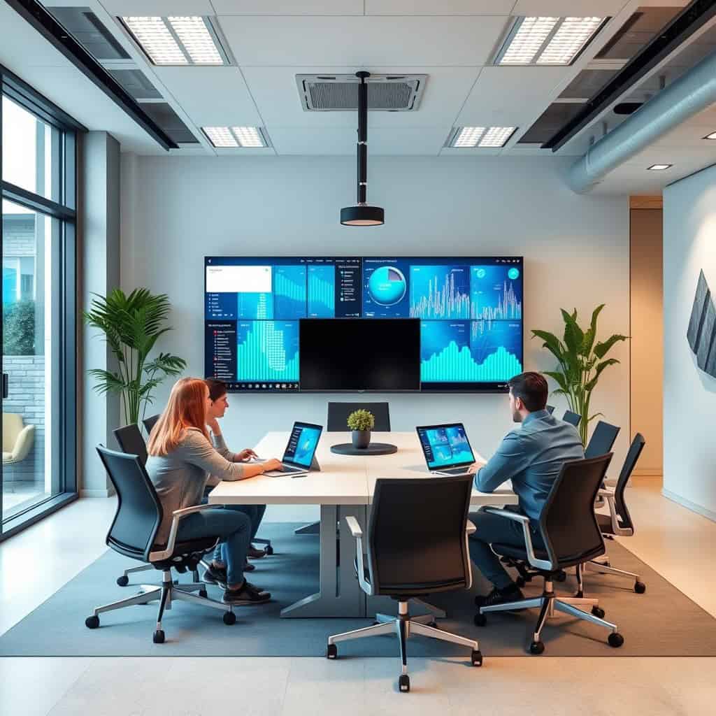 A smart office meeting room with professionals using AV technology for a video conferencing session. A large digital display showcases real-time analytics and data, supporting workplace collaboration. The modern meeting space features sleek office furniture, natural lighting, and seamless technology integration, creating an efficient and innovative work environment.