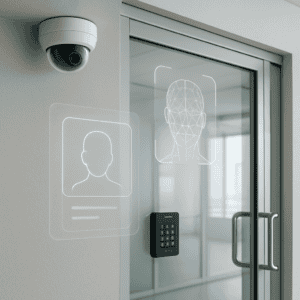 A modern, high-tech office security system setup featuring AI-powered surveillance cameras, multiple monitoring screens displaying abstract visuals, and access control systems with biometric scanners. The sleek environment highlights advanced security system upgrades and emergency response solutions, showcasing a futuristic and secure workspace.