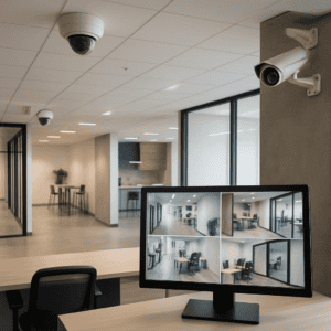 A modern, high-tech office security system setup featuring AI-powered surveillance cameras, multiple monitoring screens displaying abstract visuals, and access control systems with biometric scanners. The sleek environment highlights advanced security system upgrades and emergency response solutions, showcasing a futuristic and secure workspace.