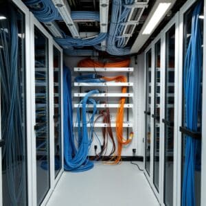 A modern, high-tech office security system setup featuring AI-powered surveillance cameras, multiple monitoring screens displaying abstract visuals, and access control systems with biometric scanners. The sleek environment highlights advanced security system upgrades and emergency response solutions, showcasing a futuristic and secure workspace.