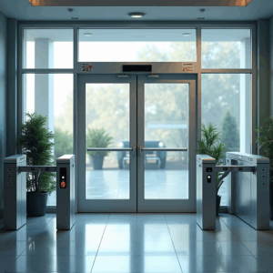 A modern, high-tech office security system setup featuring AI-powered surveillance cameras, multiple monitoring screens displaying abstract visuals, and access control systems with biometric scanners. The sleek environment highlights advanced security system upgrades and emergency response solutions, showcasing a futuristic and secure workspace.