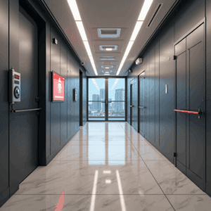 June 25 blog post_tagged A modern, high-tech office security system setup featuring AI-powered surveillance cameras, multiple monitoring screens displaying abstract visuals, and access control systems with biometric scanners. The sleek environment highlights advanced security system upgrades and emergency response solutions, showcasing a futuristic and secure workspace.