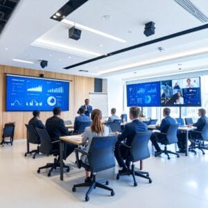 July 23_Firefly_A modern corporate training room with immersive AV technology including large intera 419874_tagged A modern, high-tech office security system setup featuring AI-powered surveillance cameras, multiple monitoring screens displaying abstract visuals, and access control systems with biometric scanners. The sleek environment highlights advanced security system upgrades and emergency response solutions, showcasing a futuristic and secure workspace.