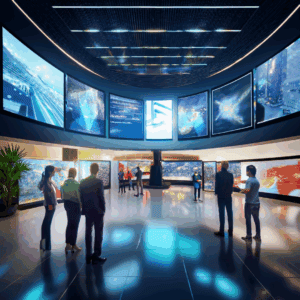 July 9_How Can Businesses Use AV Technology to Tell Better Brand Stories_tagged A modern, high-tech office security system setup featuring AI-powered surveillance cameras, multiple monitoring screens displaying abstract visuals, and access control systems with biometric scanners. The sleek environment highlights advanced security system upgrades and emergency response solutions, showcasing a futuristic and secure workspace.