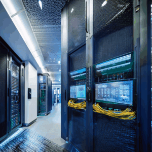 A modern, high-tech office security system setup featuring AI-powered surveillance cameras, multiple monitoring screens displaying abstract visuals, and access control systems with biometric scanners. The sleek environment highlights advanced security system upgrades and emergency response solutions, showcasing a futuristic and secure workspace.