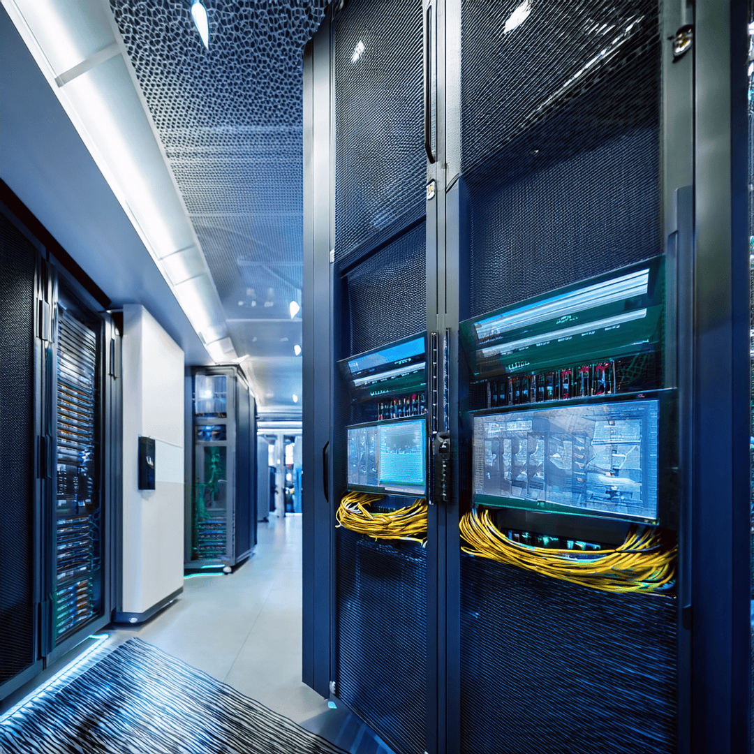 How Does Structured Cabling Enhance IoT Performance in Smart Offices? Modern data center or smart office server room featuring organized network cabinets with neatly bundled yellow structured cabling, illuminated LED panels, and active monitors displaying system data in a clean, high-tech environment.