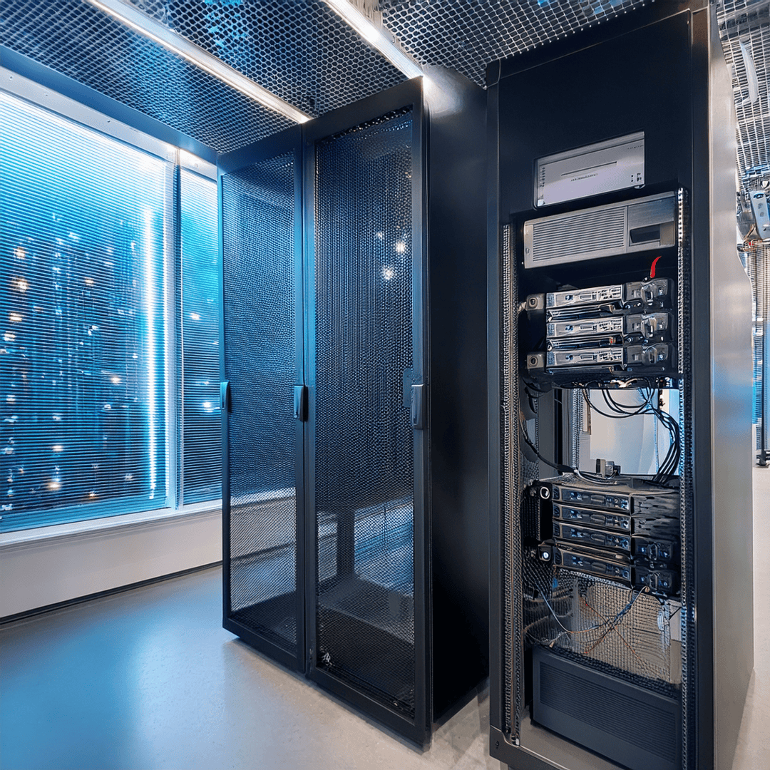 How Does Structured Cabling Support AI-Driven Office Automation? Modern server room with black mesh-front network cabinets, one open cabinet showing organized hardware and partially visible structured cabling, illuminated by cool ambient lighting and reflective blinds in a clean, high-tech environment.