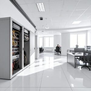 A modern, high-tech office security system setup featuring AI-powered surveillance cameras, multiple monitoring screens displaying abstract visuals, and access control systems with biometric scanners. The sleek environment highlights advanced security system upgrades and emergency response solutions, showcasing a futuristic and secure workspace.