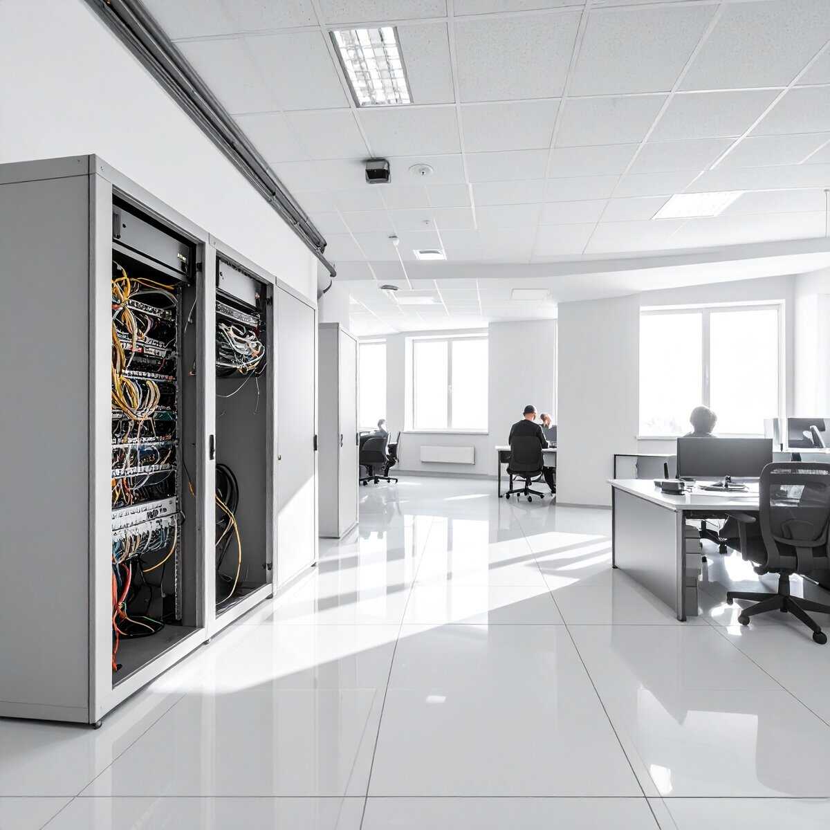 How Secure Is Your Office Infrastructure? 5 Overlooked Weak Points You Can Fix Now Server racks with network equipment in modern office data center.