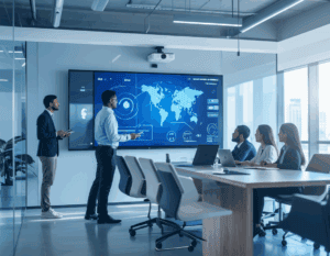 A modern, high-tech office security system setup featuring AI-powered surveillance cameras, multiple monitoring screens displaying abstract visuals, and access control systems with biometric scanners. The sleek environment highlights advanced security system upgrades and emergency response solutions, showcasing a futuristic and secure workspace.